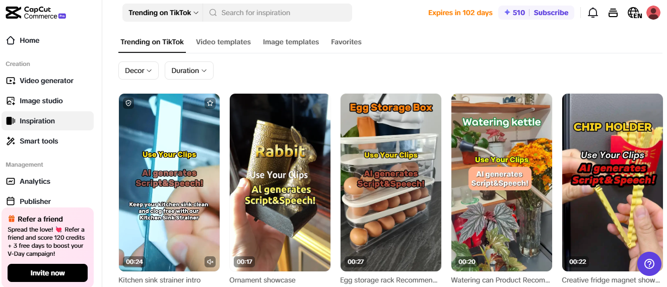 CapCut Commerce Pro dashboard showing AI-generated Amazon product videos with trending TikTok inspiration and automation.